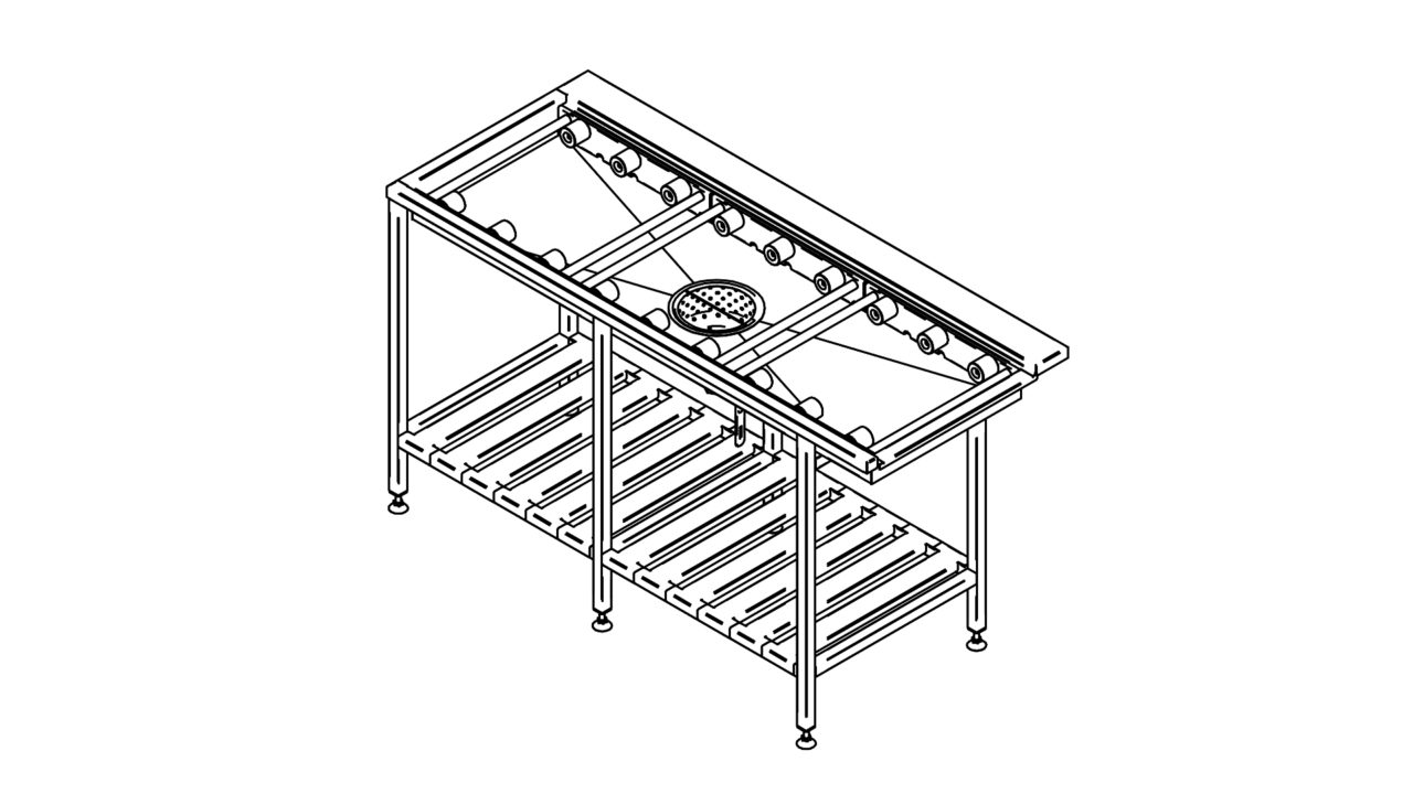 ERR-R 1550, 2050, 2550 Pre wash table with roller tracks and shelf 1550/2050/2550mm